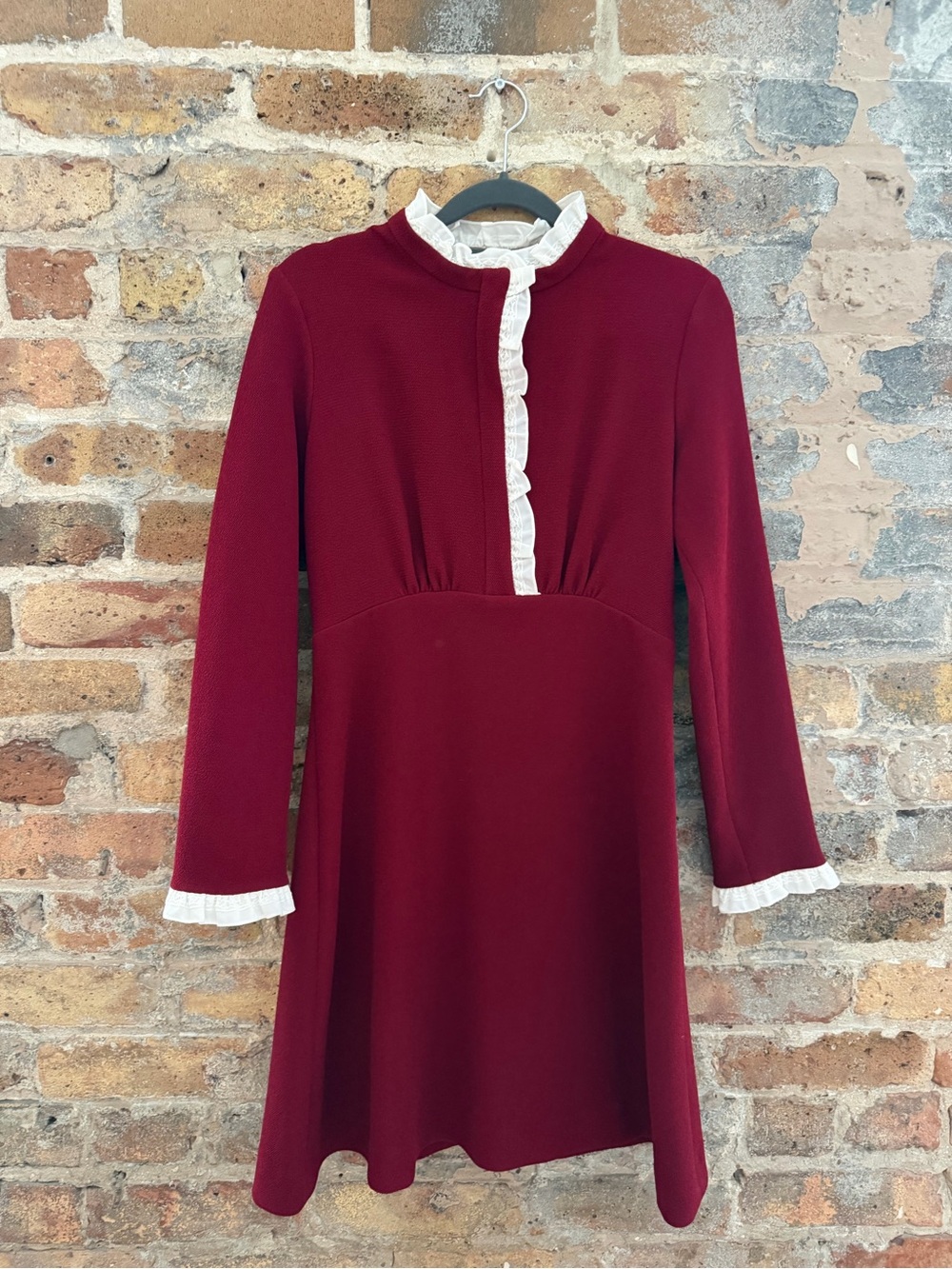 Sandro Burgundy Long-Sleeve Dress with White Ruffle Trim